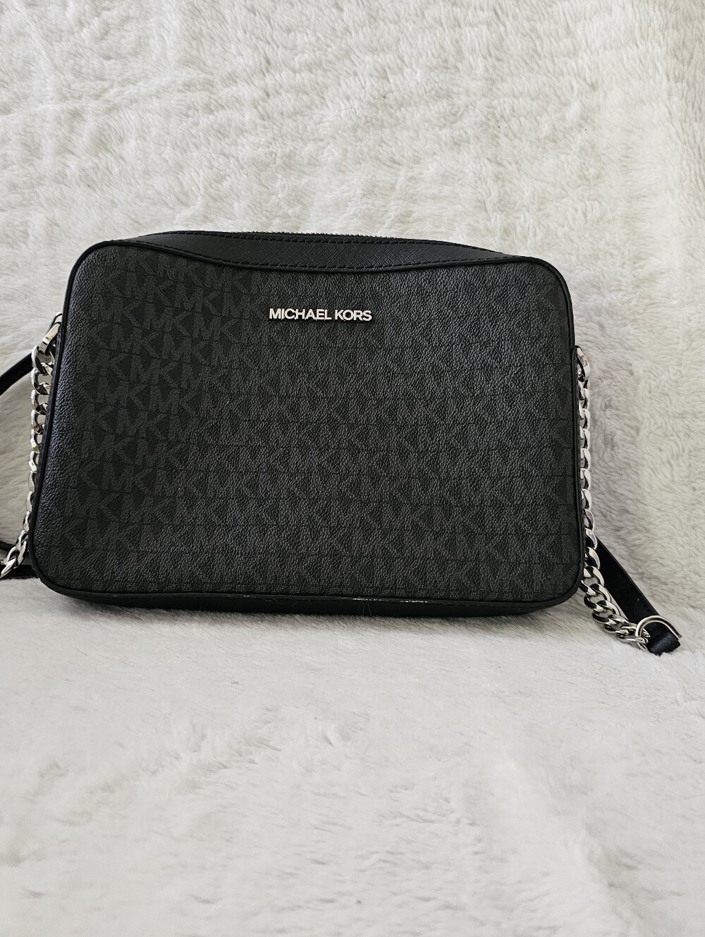 Michael Kors Black MK Logo Crossbody with Silver Chain Strap